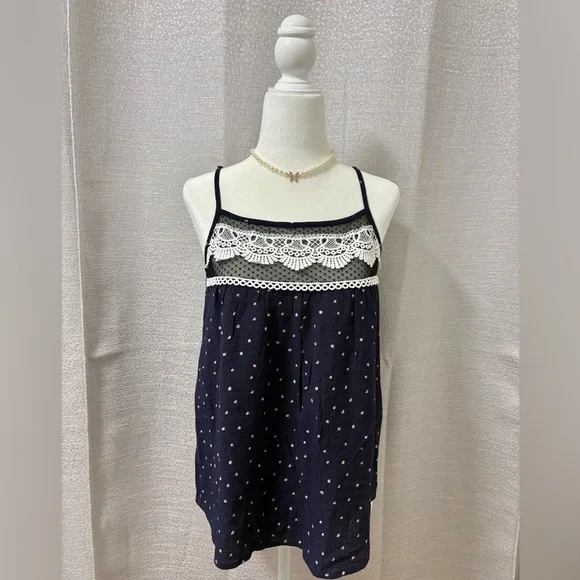 E & M Navy Blue Polka Dot Lace Trim Top Size Small Boho Embroidered Festival - Picture 1 of 12